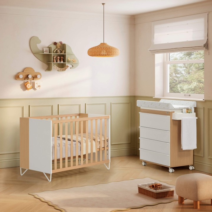 Berço co-sleeping Amaia 120 x 60 da Micuna em acabamento Madeira/Branco