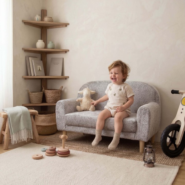 Mini sofá infantil de 2 lugares Miniduo da Micuna - Madeira / Borreguito Cinza