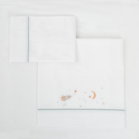 Tríptico sábanas 100% algodón cuna mini 50x80 Orbit (blanco/azul) de Bimbidreams
