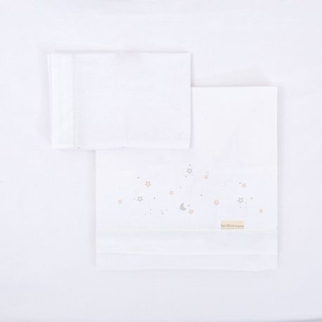 Tríptico sábanas 100% algodón cuna mini 50x80 Night (blanco/rosa) de Bimbidreams
