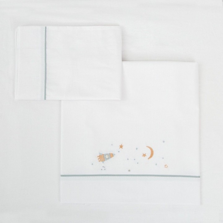 Tríptico sábanas 100% algodón cuna mini 50x80 Orbit (blanco/azul) de Bimbidreams