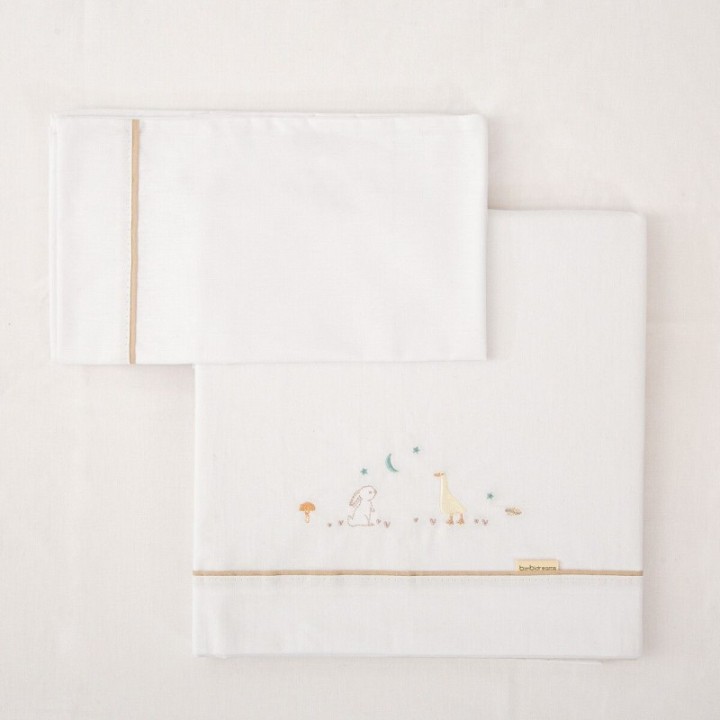 Tríptico sábanas 100% algodón cuna mini 50x80 Happy Forest (blanco/lino) de Bimbidreams